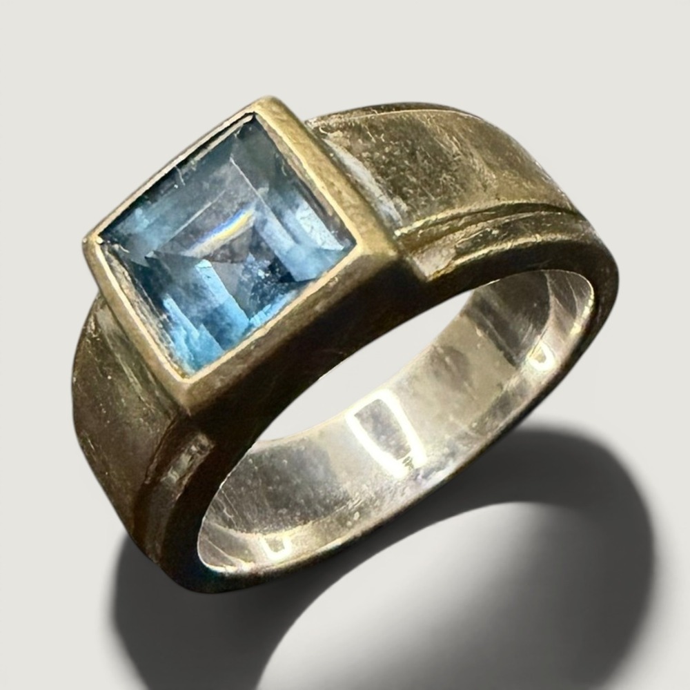 Mens Sterling Silver 925 Square Blue Topaz Signet Ring Wide Band Bezel Set